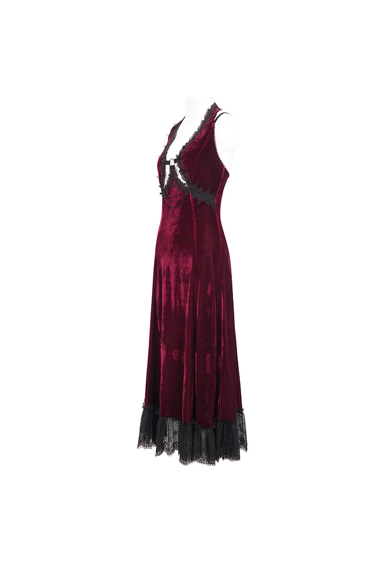Gothic Lolita Dress - Lace Up Lace Hem, Red, Long Length, Women's Style, Halterneck - additional product view 8