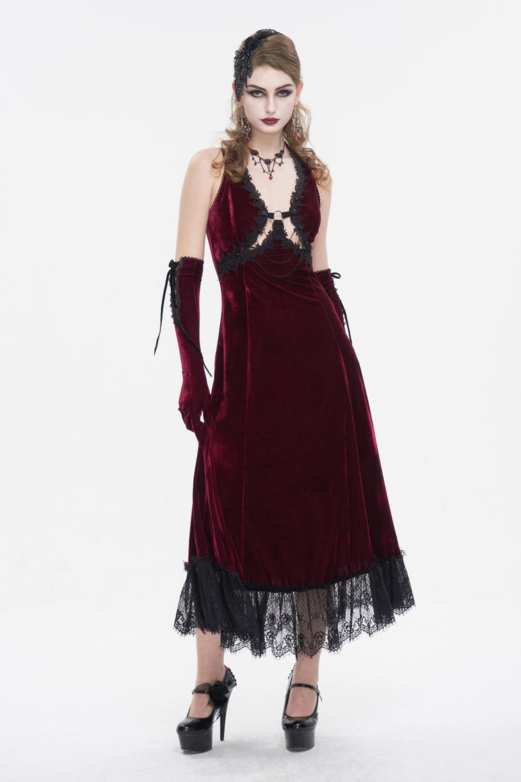 Gothic Lolita Dress - Lace Up Lace Hem, Red, Long Length, Women's Style, Halterneck - main product image