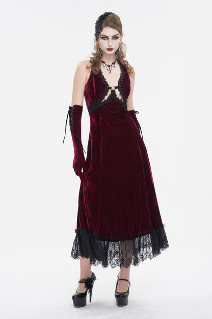 Gothic Lolita Dress - Lace Up Lace Hem, Red, Long Length, Women's Style, Halterneck - main product image