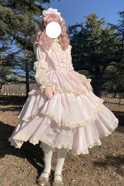 Gothic Lolita Dress - Lapel Collar High Waisted, Pink, High Waist, Sweet Style, Bow Detail - additional product view 2