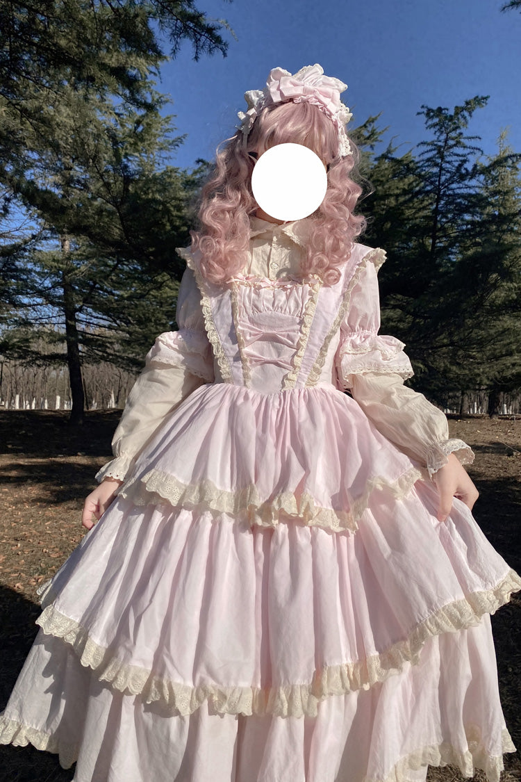 Gothic Lolita Dress - Lapel Collar High Waisted, Pink, High Waist, Sweet Style, Bow Detail - additional product view 4