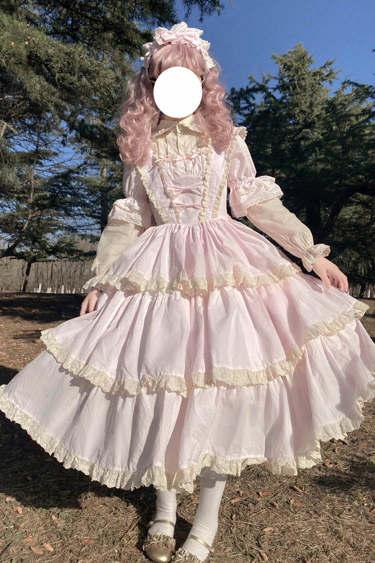 Gothic Lolita Dress - Lapel Collar High Waisted, Pink, High Waist, Sweet Style, Bow Detail - main product image