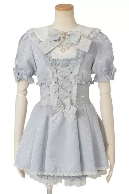 Gothic Lolita Dress - Lapel Collar Jacquard Ruffled, 2 Colors, Plus Size, Sweet Style - S Blue / M Blue / L Blue option