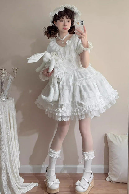 Gothic Lolita Dress - Layered Buttercream Frosting, White, Long Length, Short Length - main product image