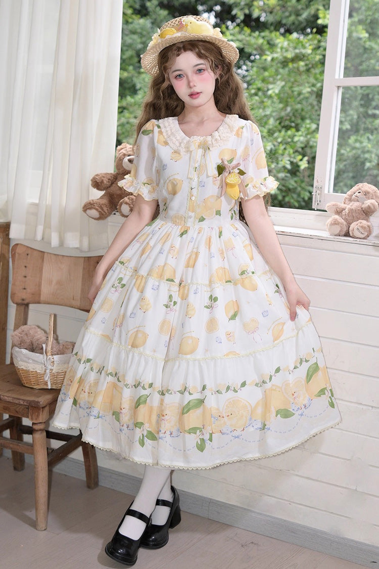 Gothic Lolita Dress - Lemon Chicken, White, Bow Detail, Lace Trim, Ruffled - main product image