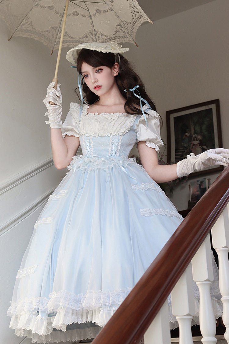 Gothic Lolita Dress - Light Blue Confession Poem, Blue, Square Collar, Bow Detail, Ruffled - additional product view 6
