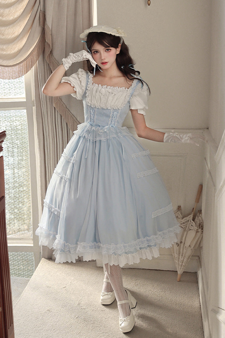 Gothic Lolita Dress - Light Blue Confession Poem, Blue, Square Collar, Bow Detail, Ruffled - main product image