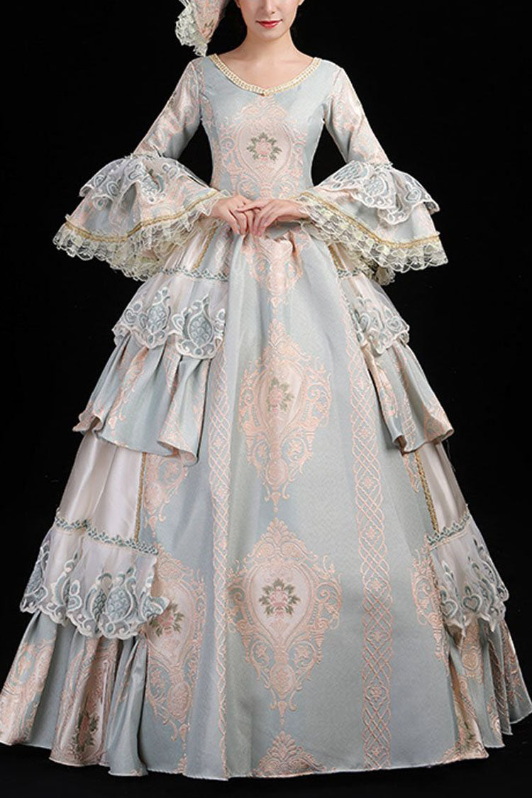 Gothic Lolita Dress - Light Blue Hime Sleeves High, Blue, High Waist, Lace Trim, Printed - main product image