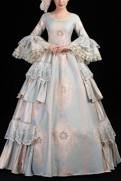 Gothic Lolita Dress - Light Blue Hime Sleeves High, Blue, High Waist, Lace Trim, Printed - main product image