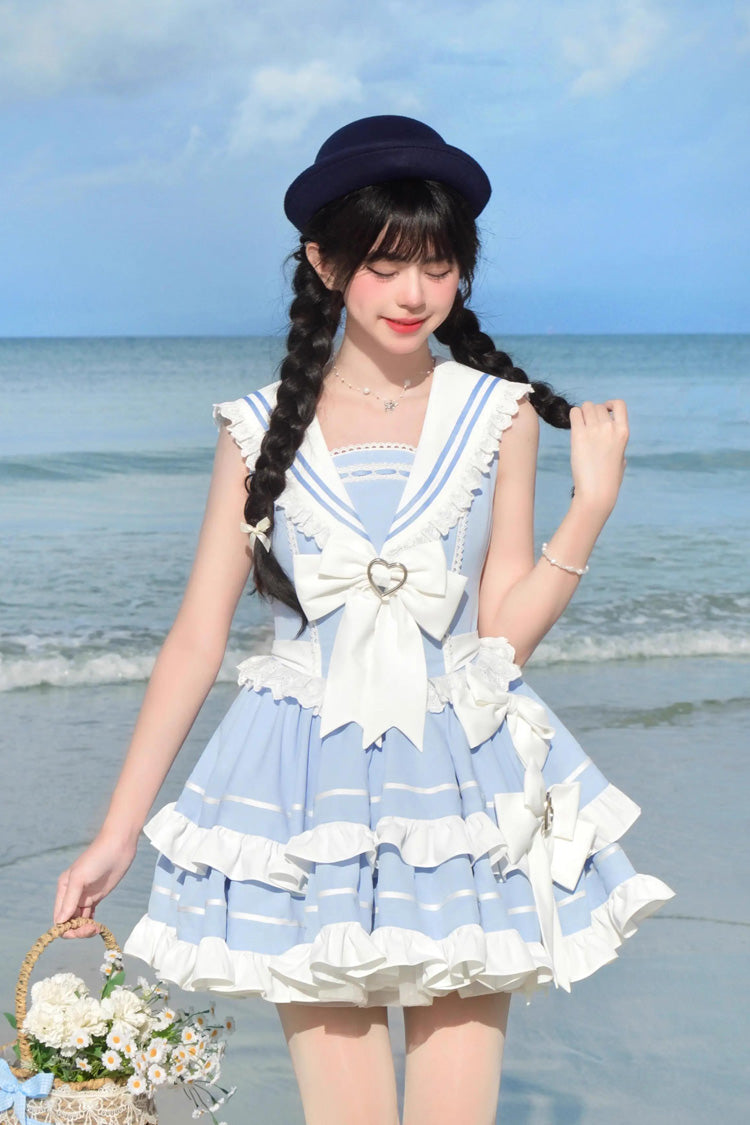 Gothic Lolita Dress - Light Blue Navy Style, Blue, Sweet Style, Bow Detail, Lace Trim - additional product view 2