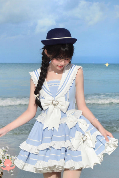 Gothic Lolita Dress - Light Blue Navy Style, Blue, Sweet Style, Bow Detail, Lace Trim - additional product view 3