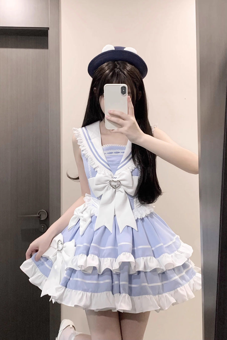 Gothic Lolita Dress - Light Blue Navy Style, Blue, Sweet Style, Bow Detail, Lace Trim - additional product view 4