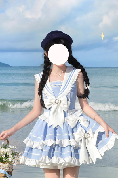 Gothic Lolita Dress - Light Blue Navy Style, Blue, Sweet Style, Bow Detail, Lace Trim - additional product view 5