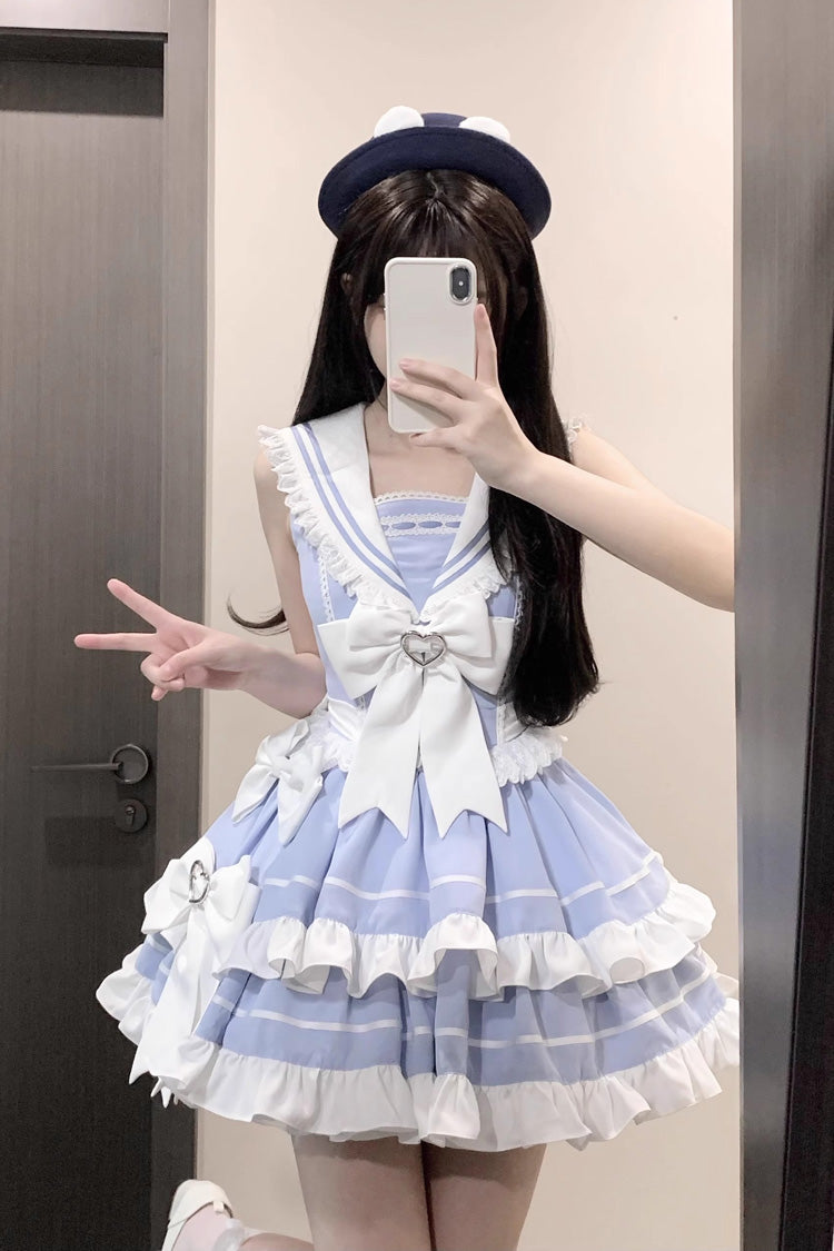 Gothic Lolita Dress - Light Blue Navy Style, Blue, Sweet Style, Bow Detail, Lace Trim - additional product view 6
