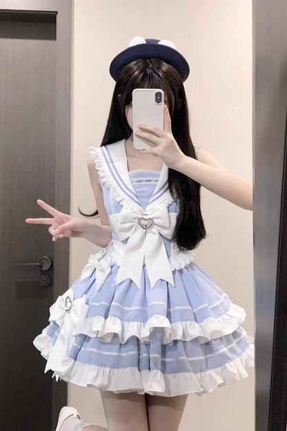 Gothic Lolita Dress - Light Blue Navy Style, Blue, Sweet Style, Bow Detail, Lace Trim - additional product view 6