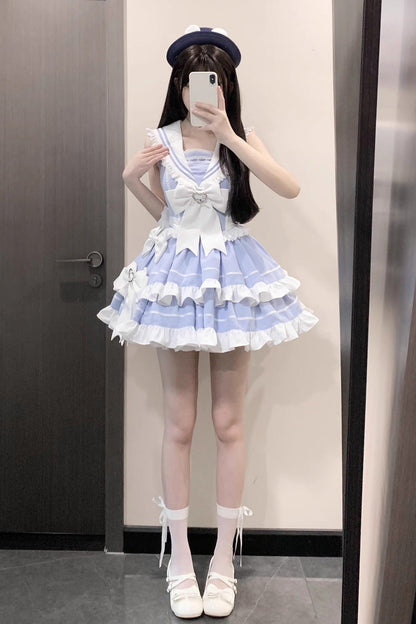 Gothic Lolita Dress - Light Blue Navy Style, Blue, Sweet Style, Bow Detail, Lace Trim - additional product view 7