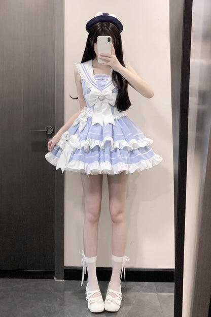 Gothic Lolita Dress - Light Blue Navy Style, Blue, Sweet Style, Bow Detail, Lace Trim - additional product view 8