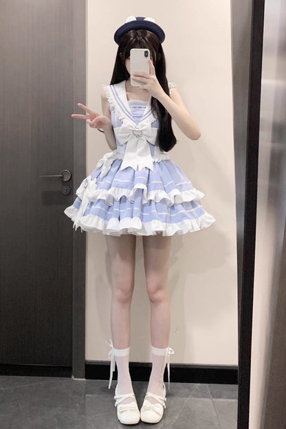 Gothic Lolita Dress - Light Blue Navy Style, Blue, Sweet Style, Bow Detail, Lace Trim - additional product view 9