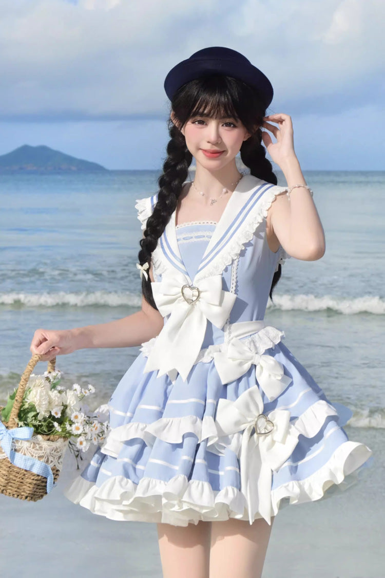 Gothic Lolita Dress - Light Blue Navy Style, Blue, Sweet Style, Bow Detail, Lace Trim - main product image