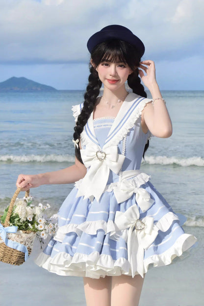 Gothic Lolita Dress - Light Blue Navy Style, Blue, Sweet Style, Bow Detail, Lace Trim - main product image