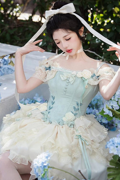 Gothic Lolita Dress - Light Green Off Shoulder, Green, Ruffled, Layered, Sweet Style - additional product view 3