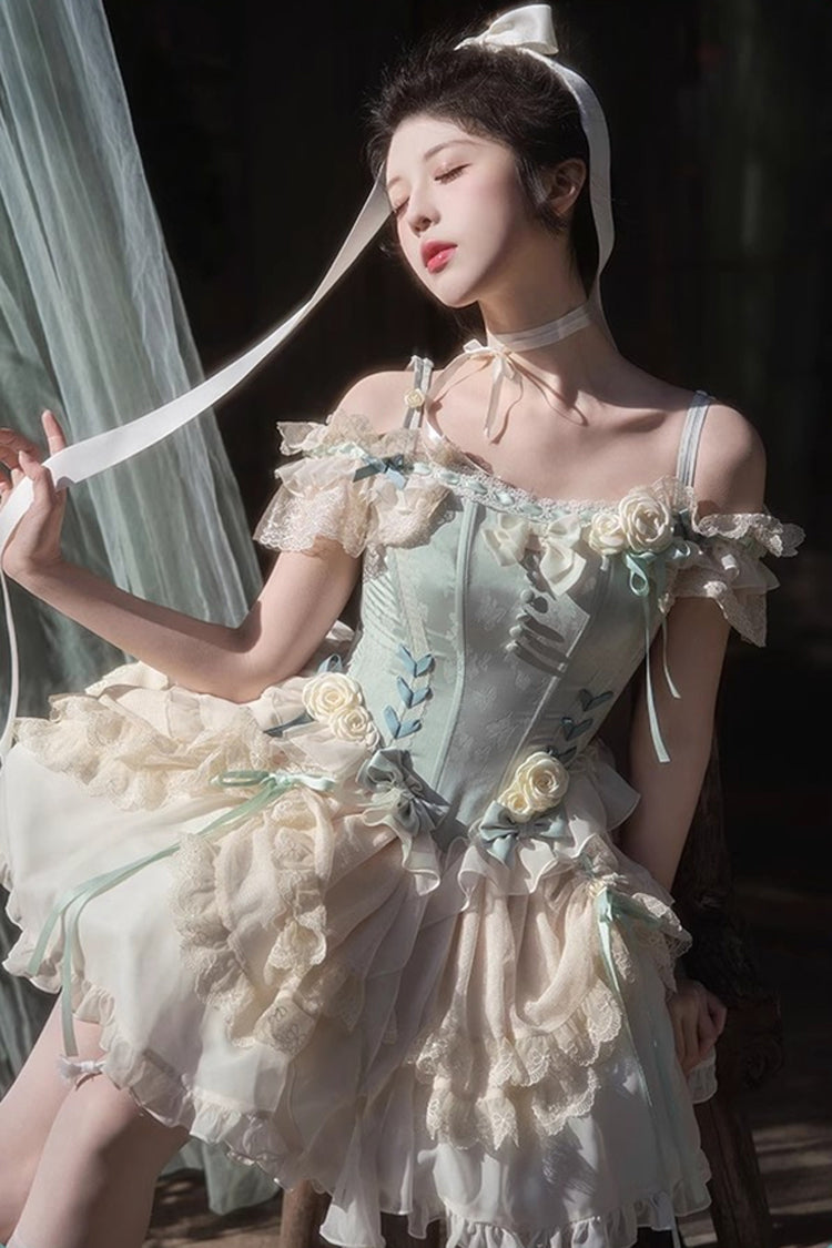 Gothic Lolita Dress - Light Green Off Shoulder, Green, Ruffled, Layered, Sweet Style - additional product view 7