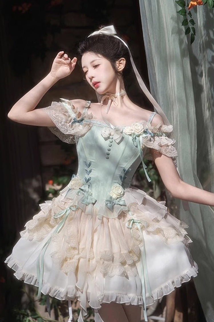 Gothic Lolita Dress - Light Green Off Shoulder, Green, Ruffled, Layered, Sweet Style - main product image