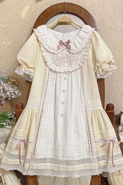 Gothic Lolita Dress - Light Yellow Doll Collar, Yellow, Printed, Sweet Style, Bow Detail - additional product view 5