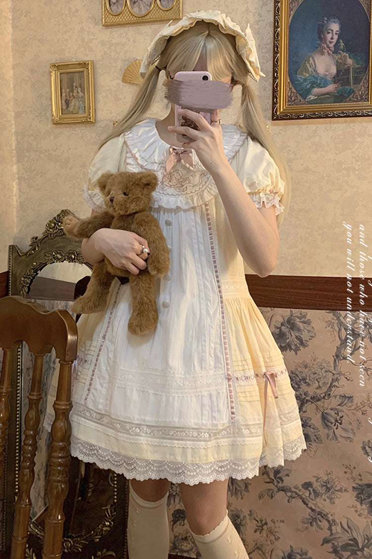 Gothic Lolita Dress - Light Yellow Doll Collar, Yellow, Printed, Sweet Style, Bow Detail - additional product view 9