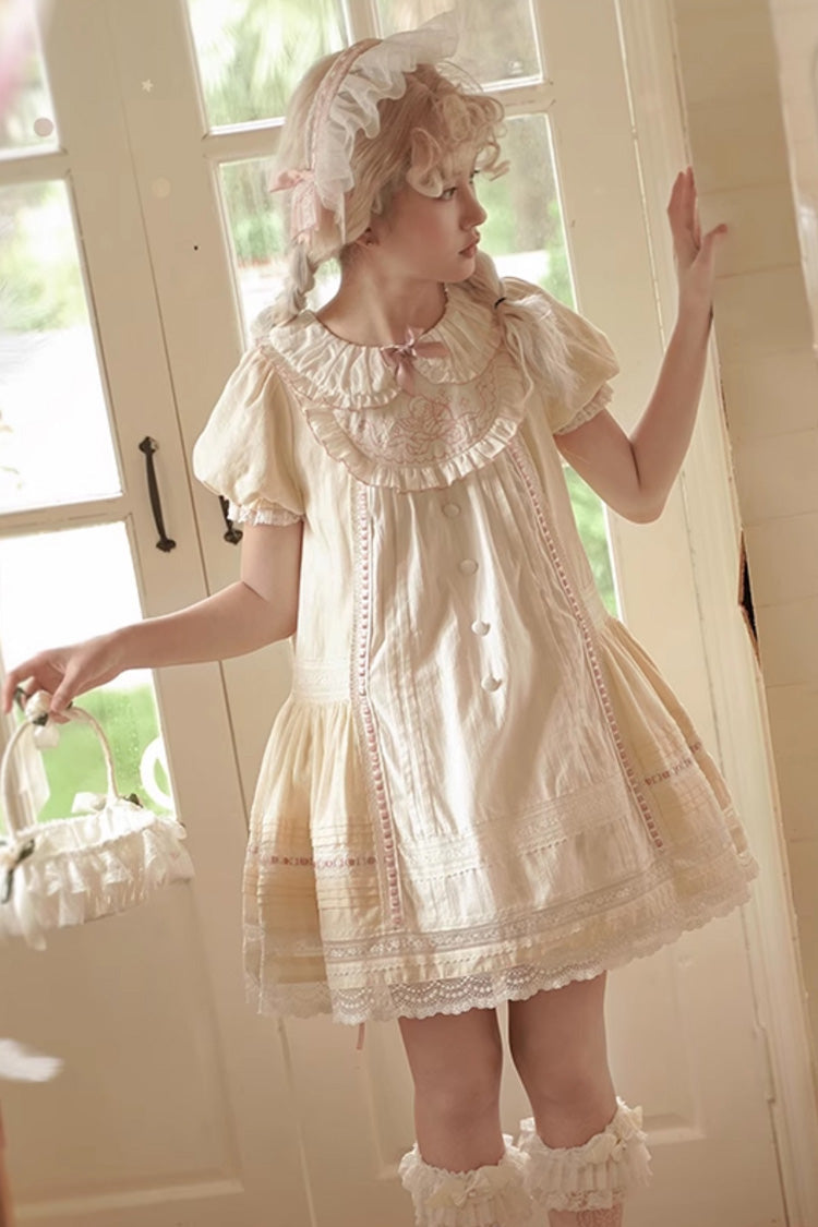 Gothic Lolita Dress - Light Yellow Doll Collar, Yellow, Printed, Sweet Style, Bow Detail - main product image