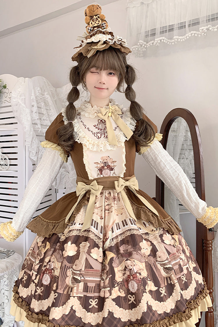 Gothic Lolita Dress - Little Bear Concerto, Brown, Detachable Detail, Bow Detail, Ruffled - additional product view 4