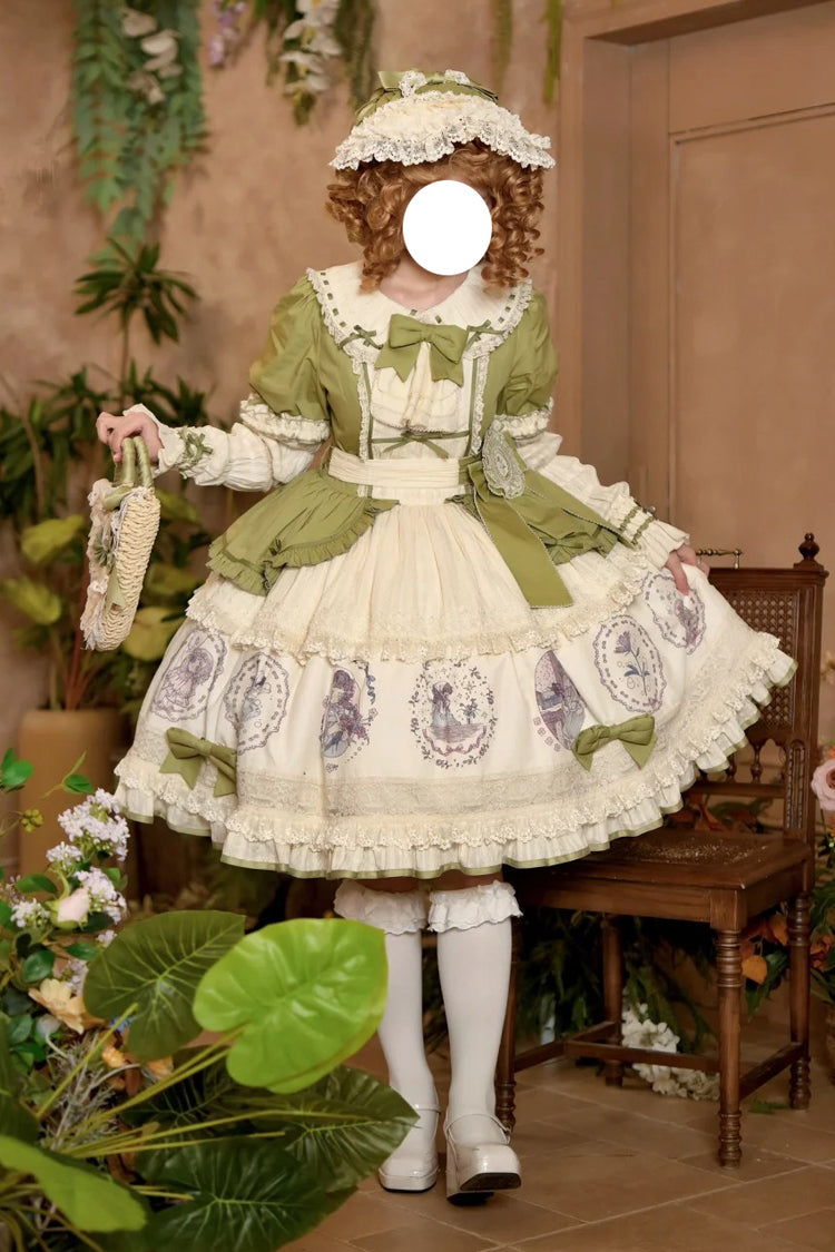 Gothic Lolita Dress - Little Ida's Flowers, Green, Ruffled, Printed, Sweet Style - main product image