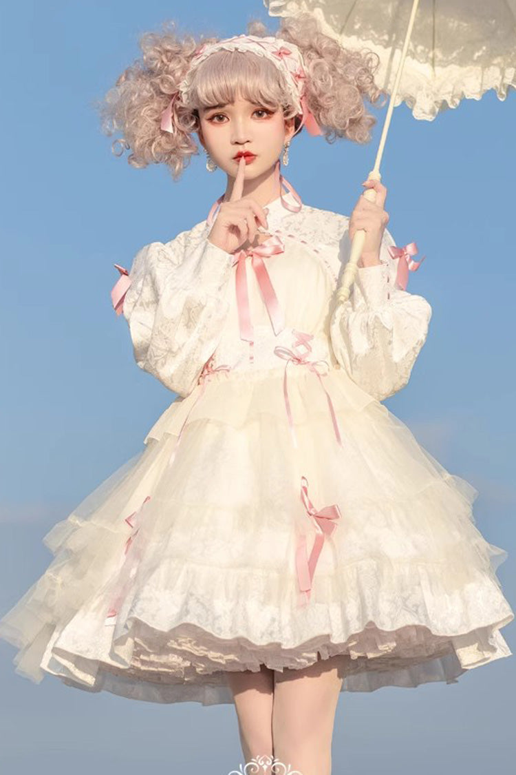 Gothic Lolita Dress - Love Song, 3 Colors, Ruffled, Layered, Long Sleeves - S Pink/White / M Pink/White / L Pink/White option