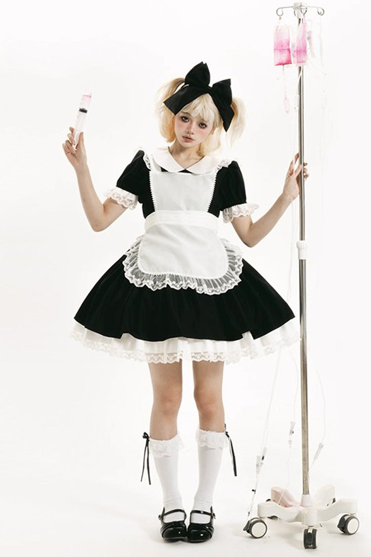 Gothic Lolita Dress - Maid Lapel Collar Ruffle, 2 Colors, Short Version, Long Version - S Black Short / M Black Short / L Black Short option