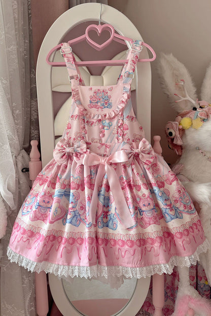 Gothic Lolita Dress - Milky Berry Bear Print Pink, Pink, Sweet Style, Bow Detail - additional product view 3