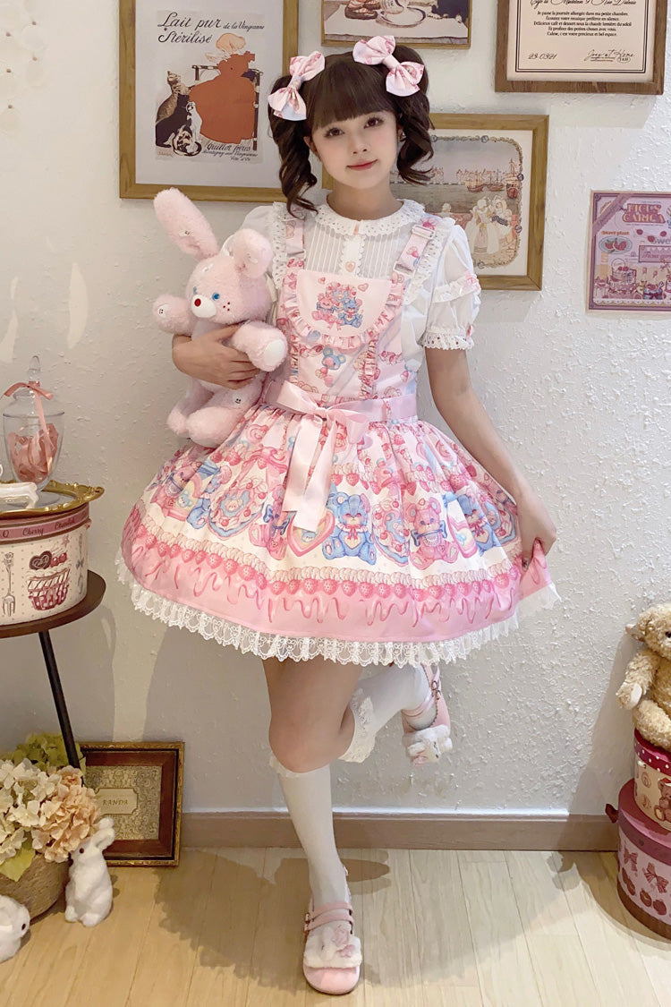 Gothic Lolita Dress - Milky Berry Bear Print Pink, Pink, Sweet Style, Bow Detail - main product image