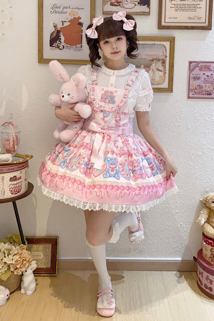 Gothic Lolita Dress - Milky Berry Bear Print Pink, Pink, Sweet Style, Bow Detail - main product image