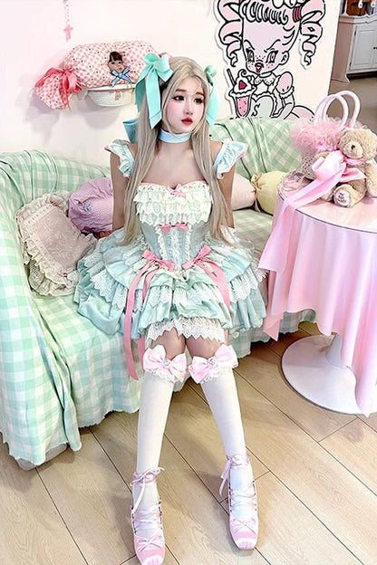 Gothic Lolita Dress - Mints, Green, Ballet-Inspired Style, Bow Detail, Lace Trim - additional product view 2