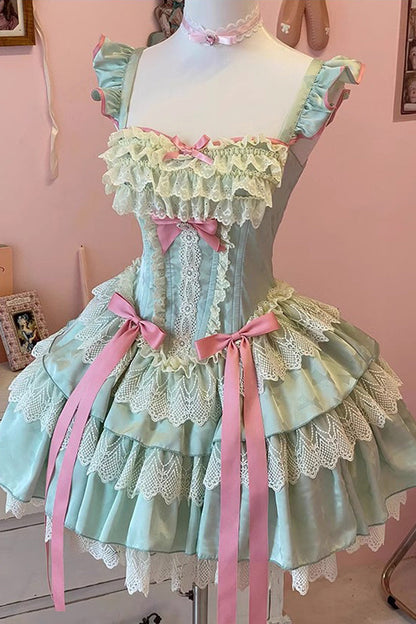 Gothic Lolita Dress - Mints, Green, Ballet-Inspired Style, Bow Detail, Lace Trim - additional product view 3