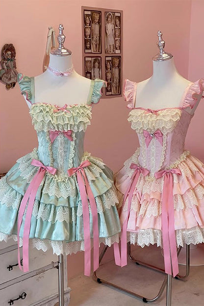 Gothic Lolita Dress - Mints, Green, Ballet-Inspired Style, Bow Detail, Lace Trim - additional product view 4