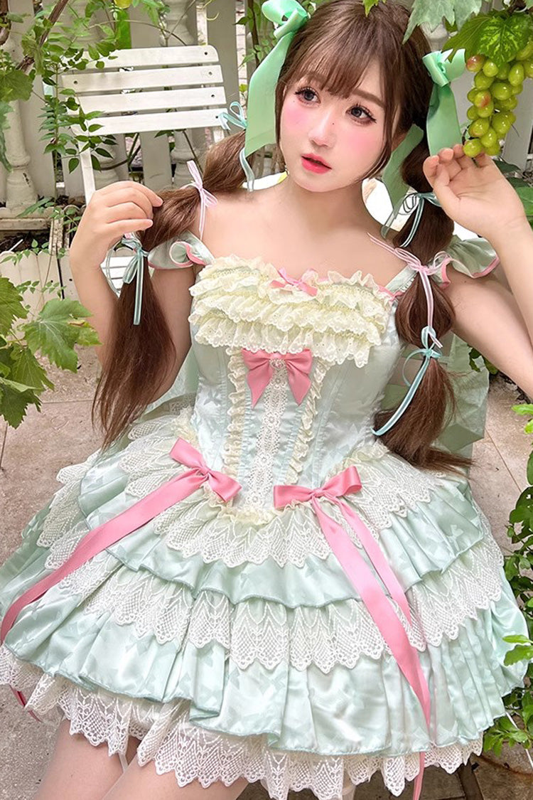 Gothic Lolita Dress - Mints, Green, Ballet-Inspired Style, Bow Detail, Lace Trim - additional product view 5
