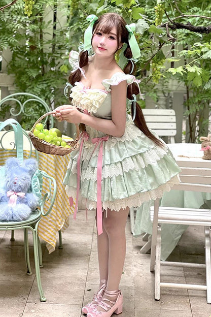 Gothic Lolita Dress - Mints, Green, Ballet-Inspired Style, Bow Detail, Lace Trim - additional product view 6