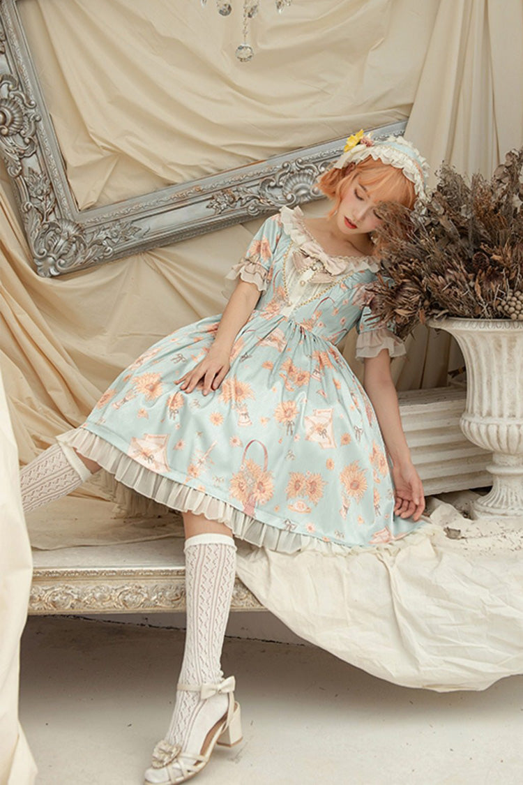 Gothic Lolita Dress - Miss Sunflower, Green, Bow Detail, Ruffled, Printed - additional product view 3