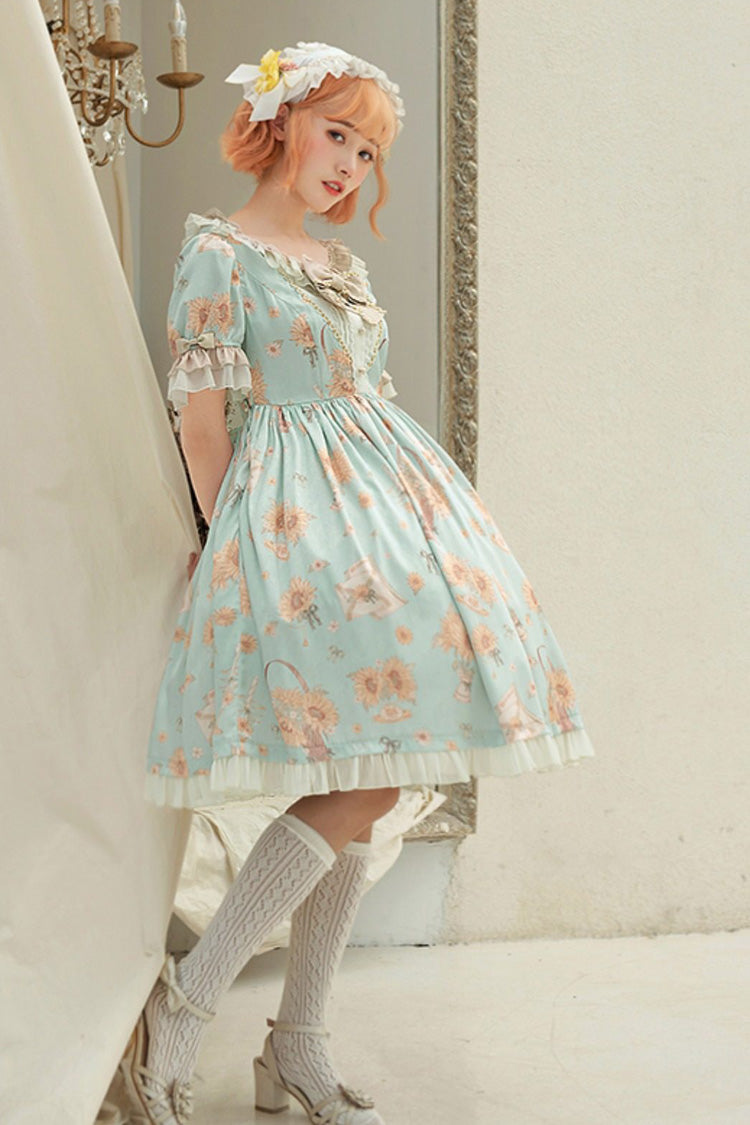 Gothic Lolita Dress - Miss Sunflower, Green, Bow Detail, Ruffled, Printed - main product image