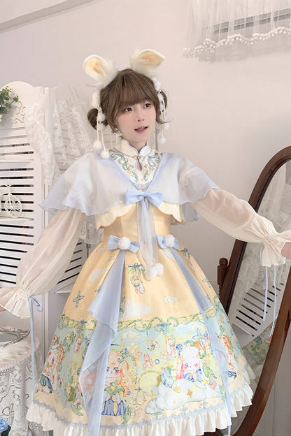 Gothic Lolita Dress - Multi-color Fairy Rabbit Print, Multi-Color, Sweet Style, Bow Detail - additional product view 2