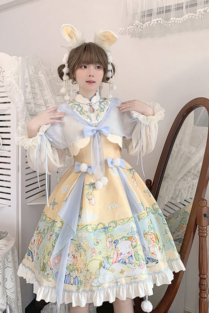Gothic Lolita Dress - Multi-color Fairy Rabbit Print, Multi-Color, Sweet Style, Bow Detail - additional product view 4