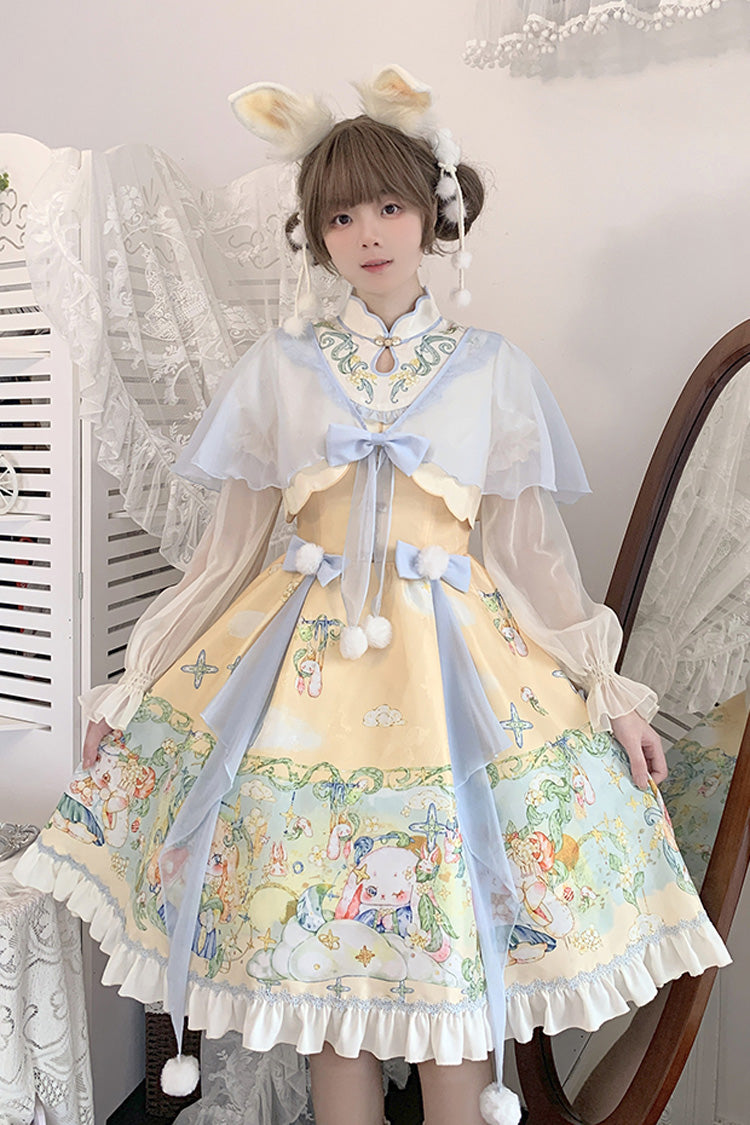 Gothic Lolita Dress - Multi-color Fairy Rabbit Print, Multi-Color, Sweet Style, Bow Detail - main product image