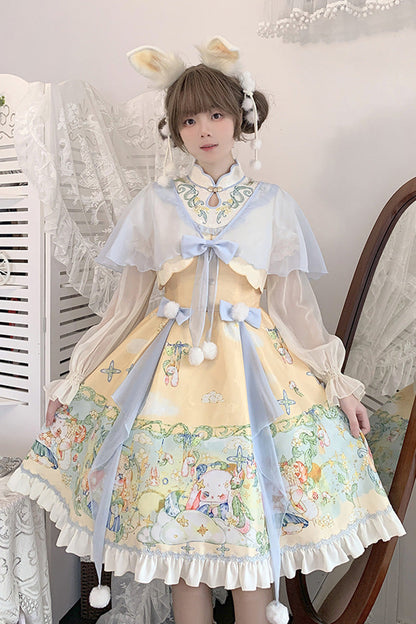 Gothic Lolita Dress - Multi-color Fairy Rabbit Print, Multi-Color, Sweet Style, Bow Detail - main product image