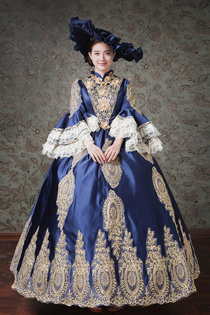Gothic Lolita Dress - Multi-layer Half Sleeves Trumpet, 2 Colors, High Waist, Printed - S Blue / M Blue / L Blue option