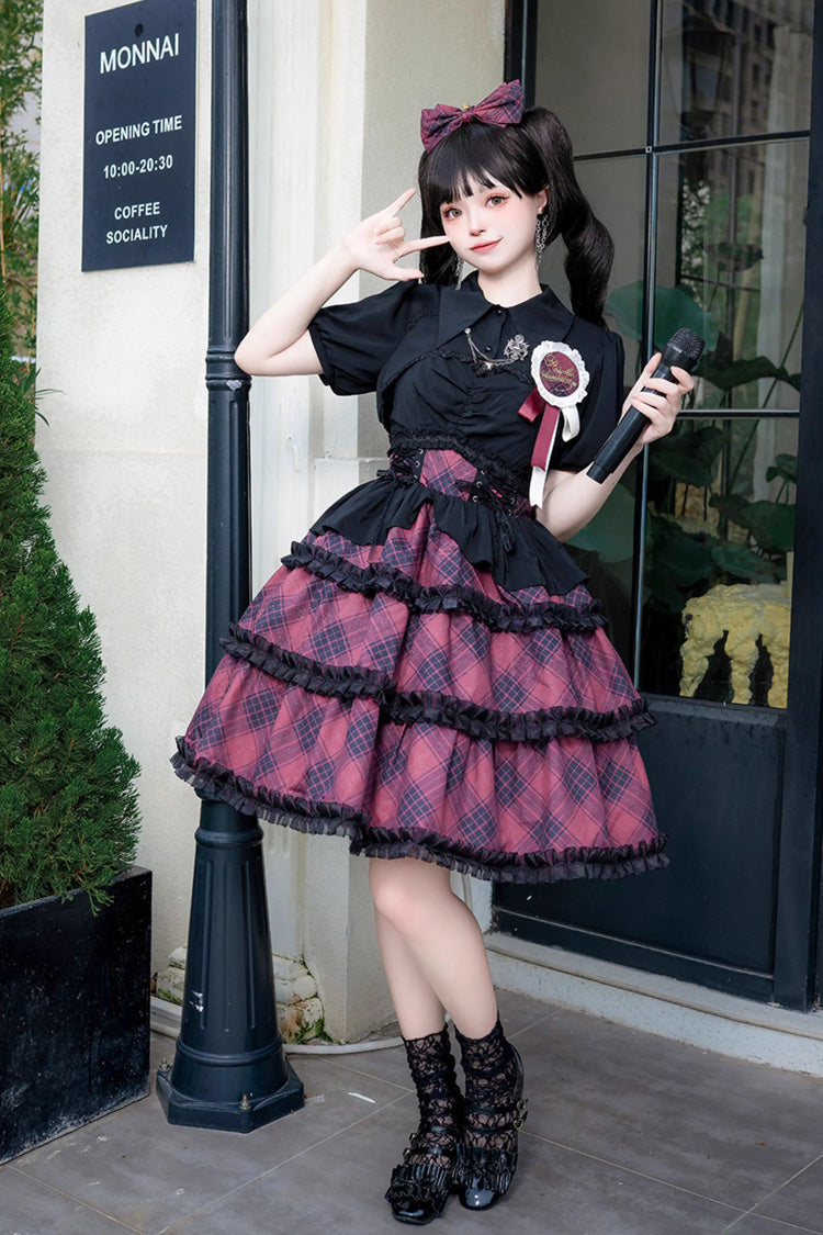 Gothic Lolita Dress - Multi-layer Margaret Plaid Print, 4 Colors, Plaid, Sweet Style - S Wine / M Wine / L Wine option